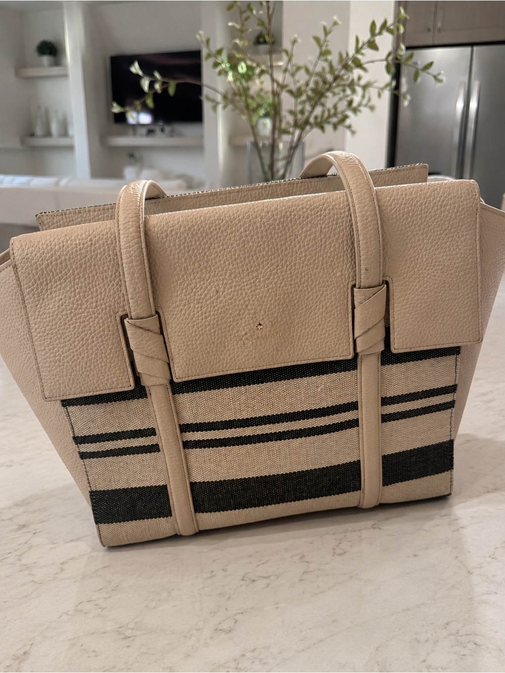 kate spade Beige and Black Striped Canvas & Leather Tote